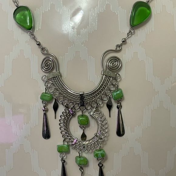 Ornate Green and Silver Necklace with Crystal Centerpiece * Handmade in Thailand - Picture 2 of 4